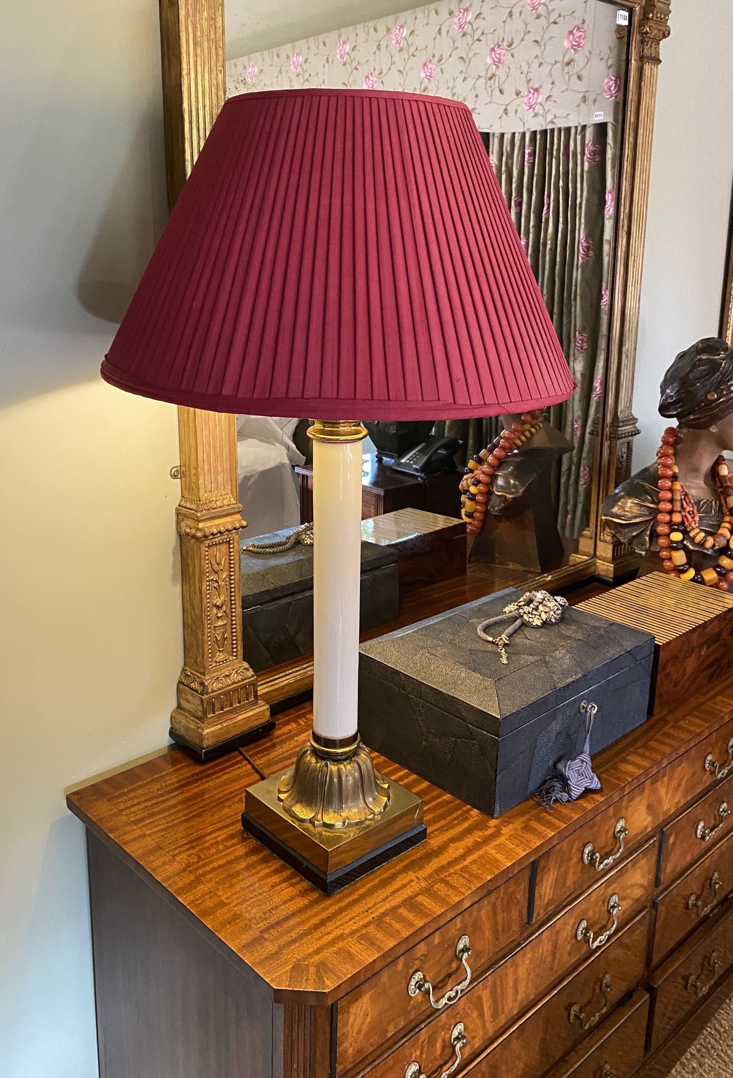 A Victorian ormolu mounted white glass table lamp, height to fitting 58cm